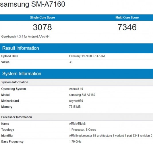 مشخصات گوشی Galaxy A71 5G با حضور در بنچمارک Geekbench لو رفت