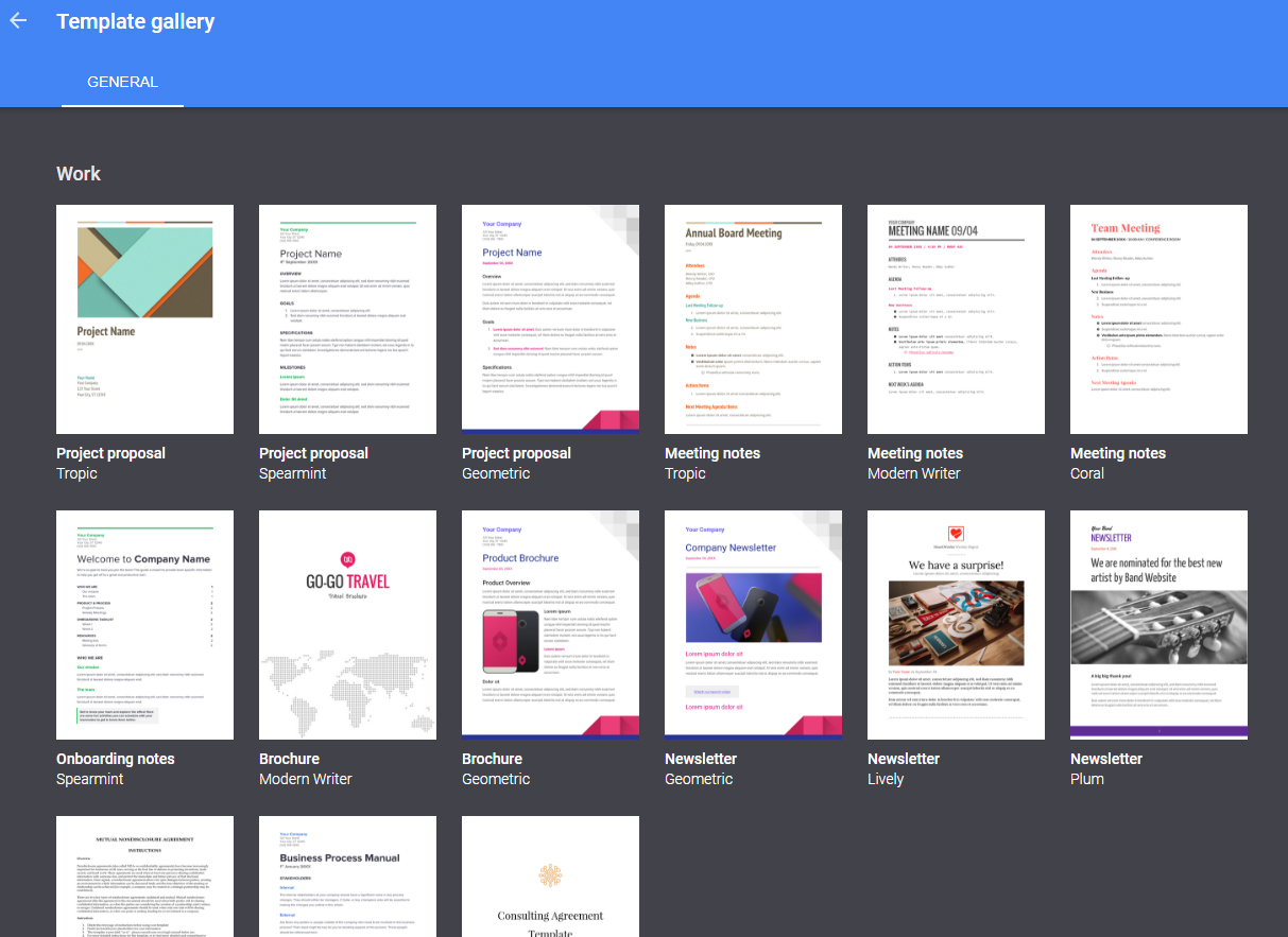 templates not available from the template gallery in google docs 1 1