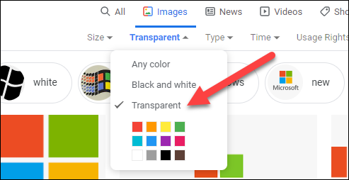 انتخاب گزینه شفاف در تصاویر گوگل