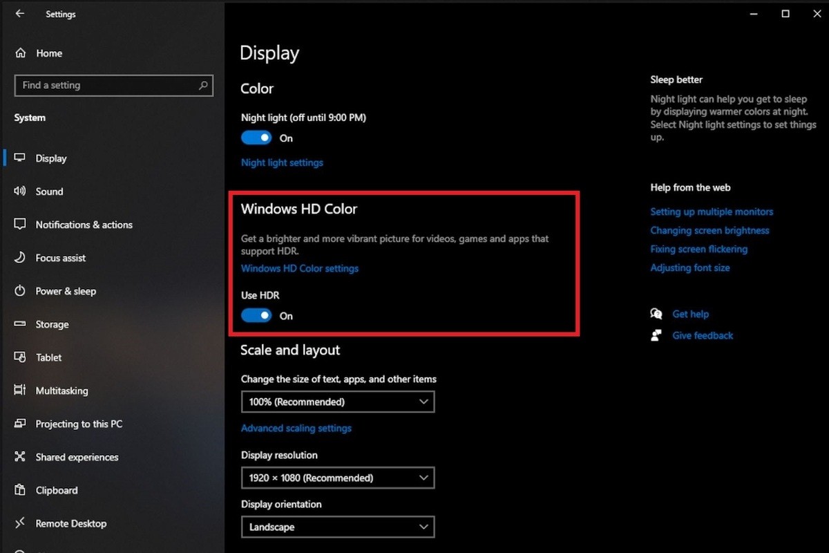 گزینه HDR در تنظیمات ویندوز 10