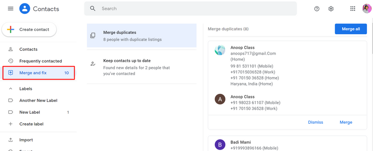 Google Contacts Merge and