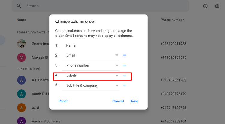 Google contacts change column order 3
