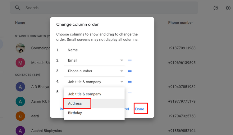 Google contacts change column order 4