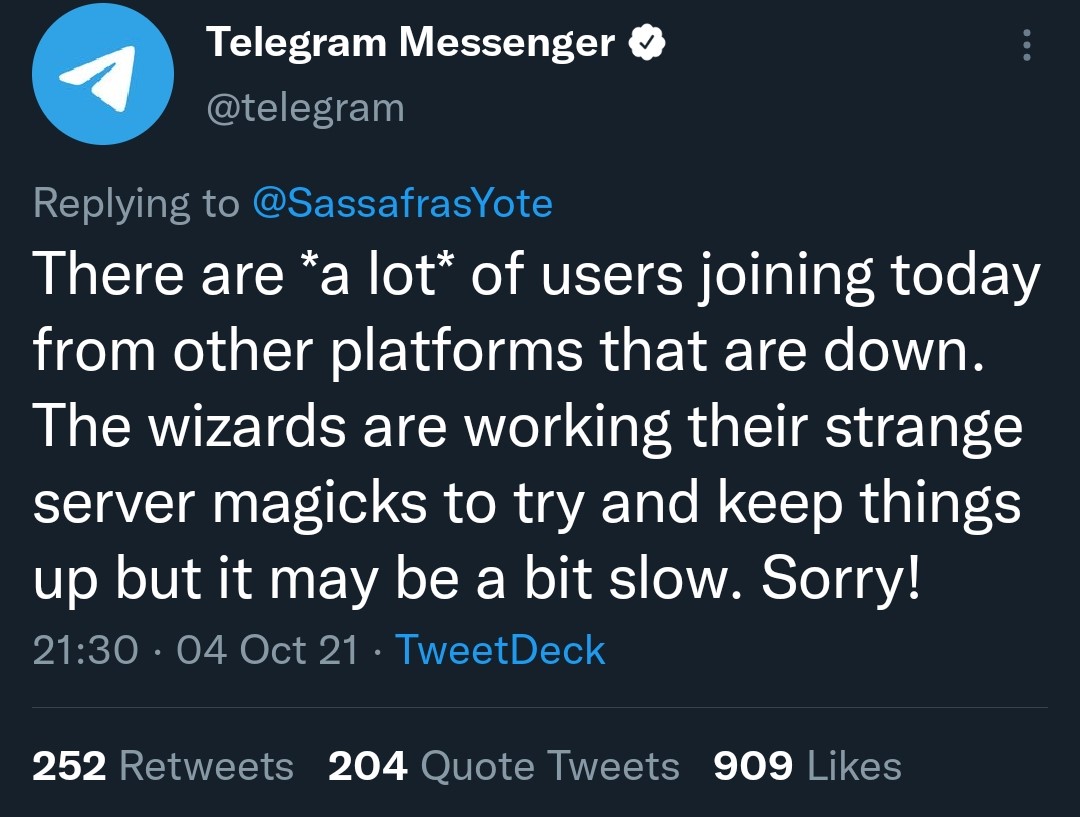توییت رسمی تلگرام درباره اختلال فیس بوک