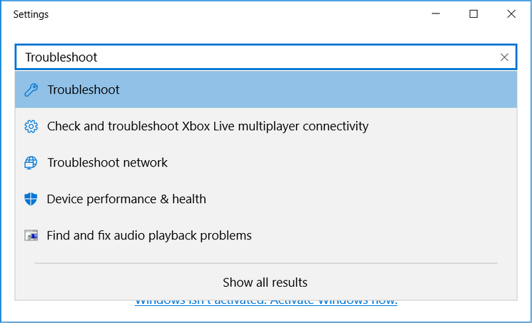 Selecting the Troubleshoot option in system settings