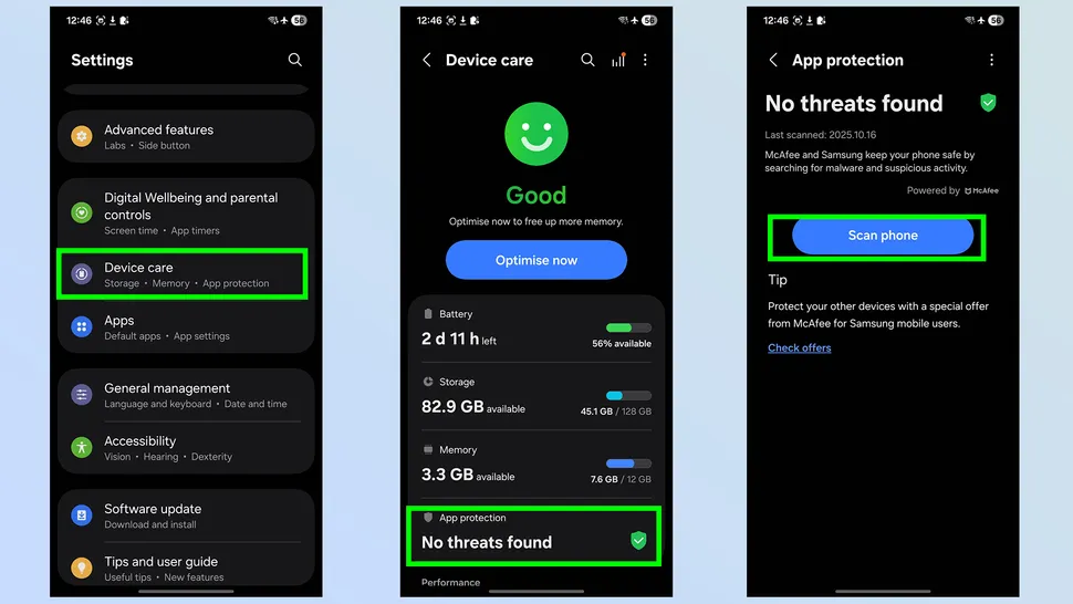 امکانات مخفی سامسونگ گلکسی S25 10 محافظت از گوشی با آنتی ویروس McAfee -